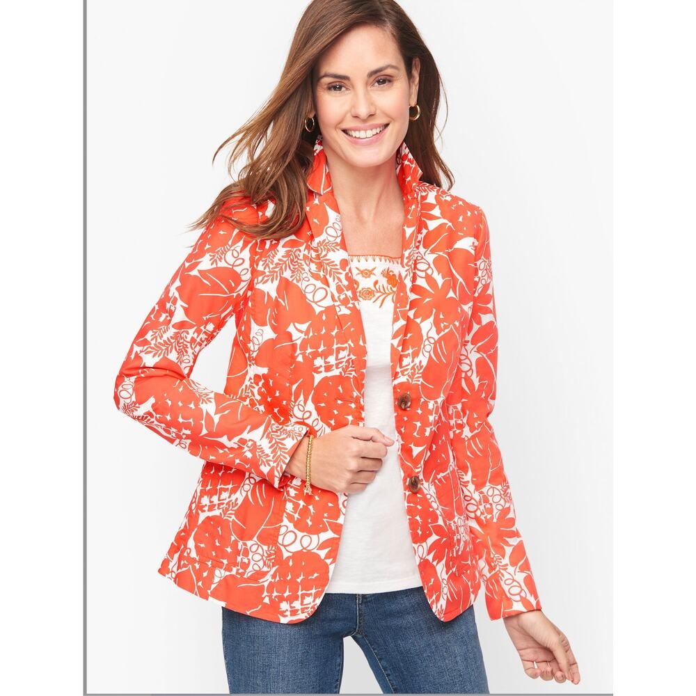 Talbots Women’s 8 Pink White Casual Cotton Blazer Tropical Pineapple Lined NEW